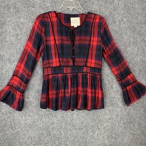 Thread Supply Plaid Top Women Small Hook & Eye Front Close Bell Sleeves Peplum